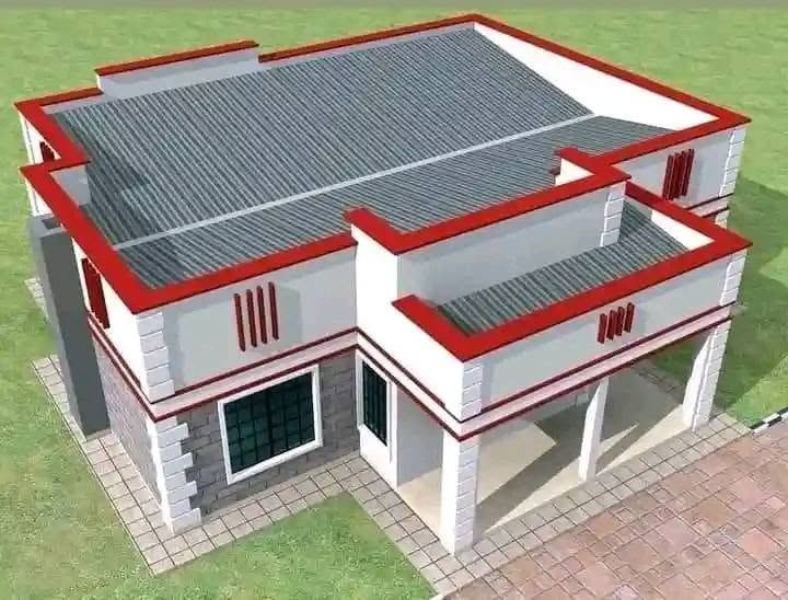 Rendered two-storey white house with red-trimmed parapets and a grey roof.