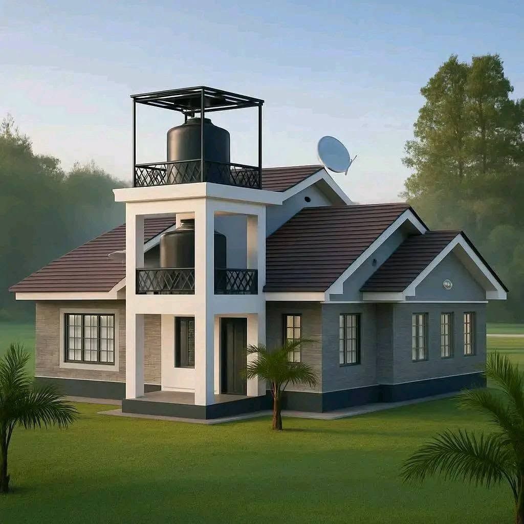 Rendered two-storey grey house with a water tank on a tower above the entrance, palms and lawn.
