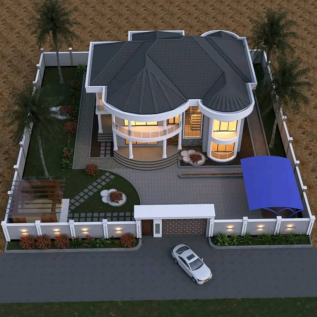 Aerial render of a walled compound with a two-storey house, lawn and a parked car.