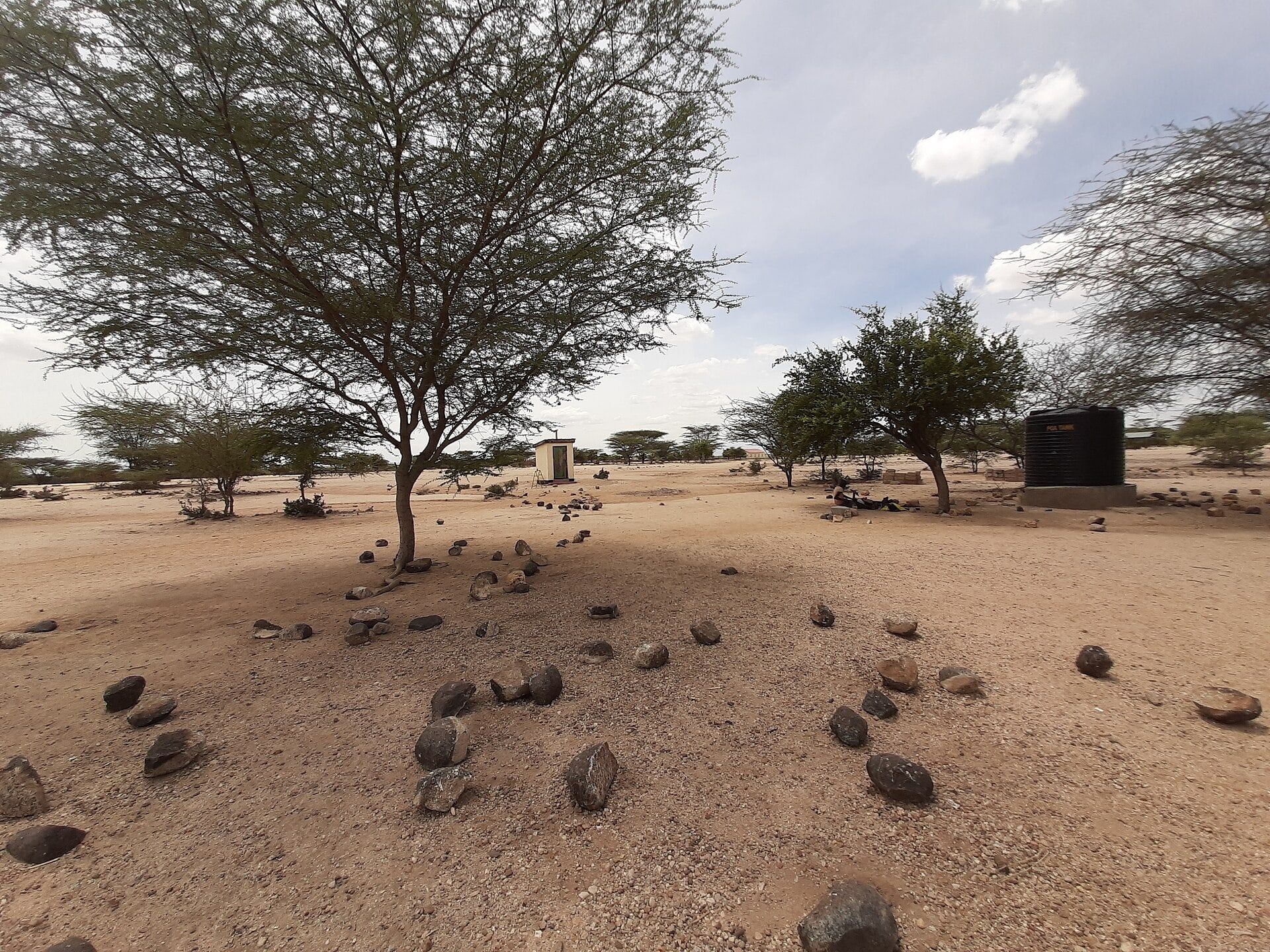 Open sandy ground with scattered stones and acacia trees at Naipekarr, Turkana County.